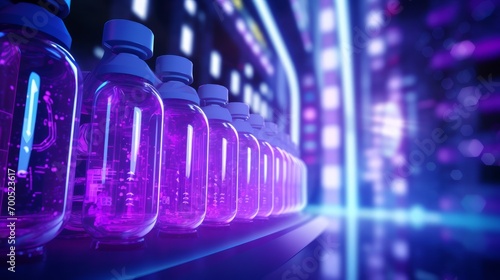 Row of glowing purple liquid in bottles, with a futuristic laboratory background with neon lighting