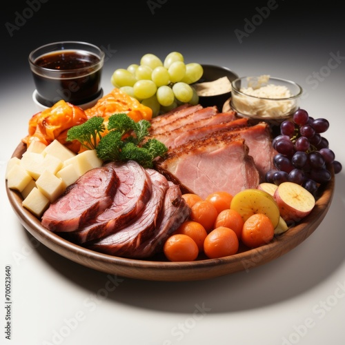 An assortment of fine meats, cheeses, and fresh fruits, and a sauce served on a wooden plate