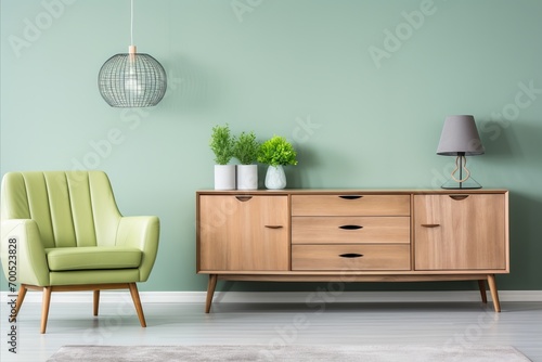 Modern Scandinavian Dining Room with Sofa, Chairs, Wooden Table, and Pastel Green Wall Decor
