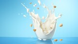 Milk splash in glass with nuts on a blue background. 3d rendering