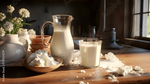 Milk products on a wooden table in a rustic style.