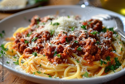 spaghetti Bolognese with fresh Parmesan photo