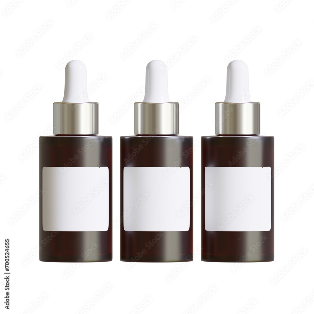 Amber Dropper Bottle Mockup With Blank Label white color realistic texture, Isolated on White Background. 3D Illustration