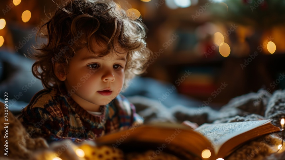 The power of imagination of a cute 3 year old child while reading a story book in his bedroom. The power of imagination of a cute 3 year old child while reading a story book in his bedroom.