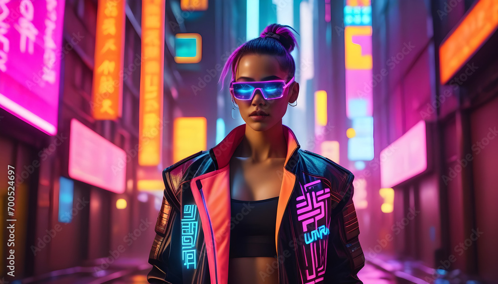 Futuristic cyberpunk figure in neon-lit alley, high-tech clothes, augmented reality ai generated