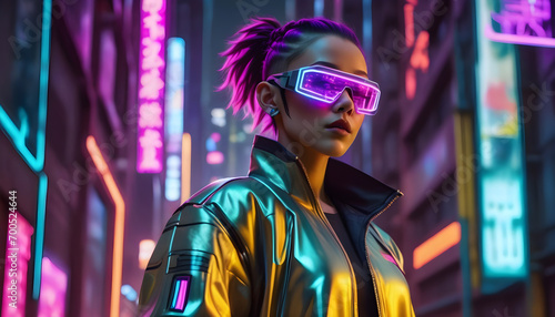 Futuristic cyberpunk figure in neon-lit alley, high-tech clothes, augmented reality ai generated © Ebad