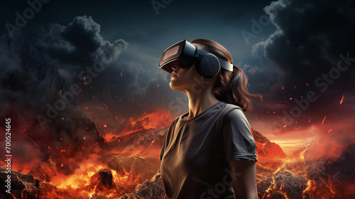 Young woman using the virtual reality headset on the background of a volcano. Game technology concept 