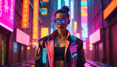 Futuristic cyberpunk figure in neon-lit alley, high-tech clothes, augmented reality ai generated