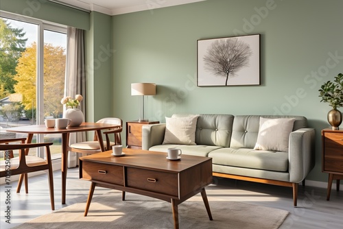 Scandinavian Dining Room. Sofa, Chairs, and Table by Window with Pastel Green Wall and Frames