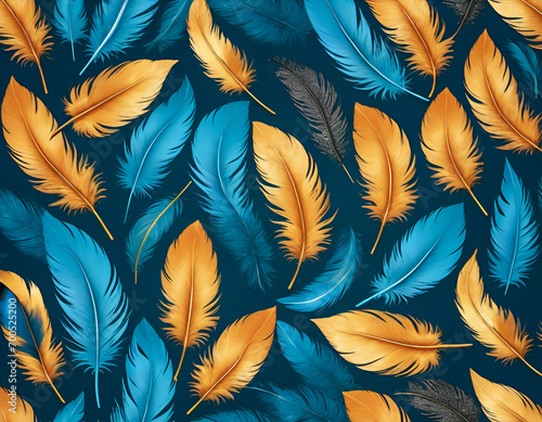 Blue and golden feathers illustration background. Background with feathers.