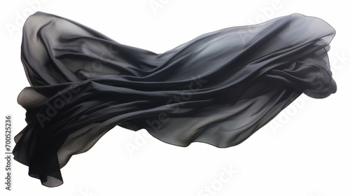 Black cloth that is floating and hiding something unknown underneath. Fabric isolated on white background.  photo