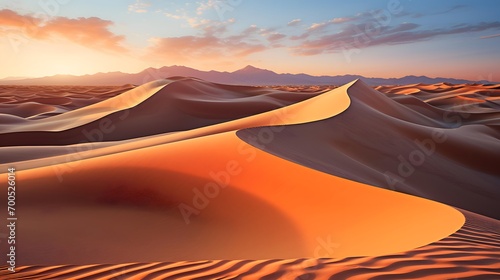 Desert dunes panorama at sunset. 3d render illustration