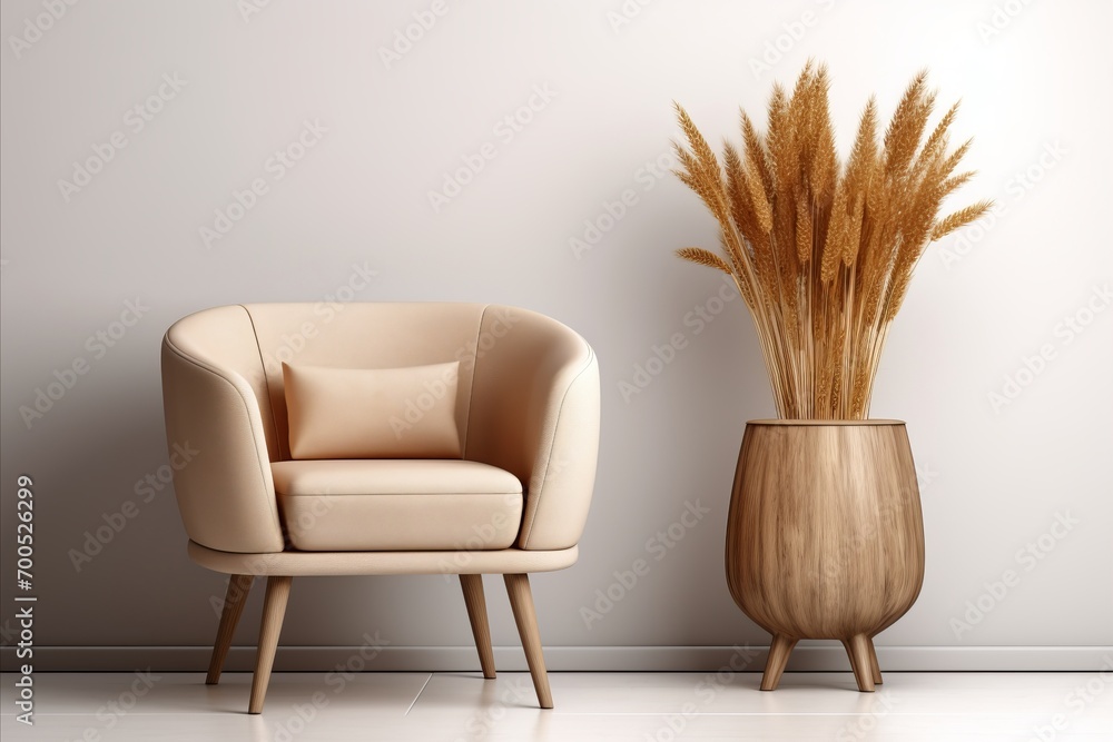 Modern Living Room with Beige Barrel Chair, Stump Side Table, and Vase with Pampas Grass