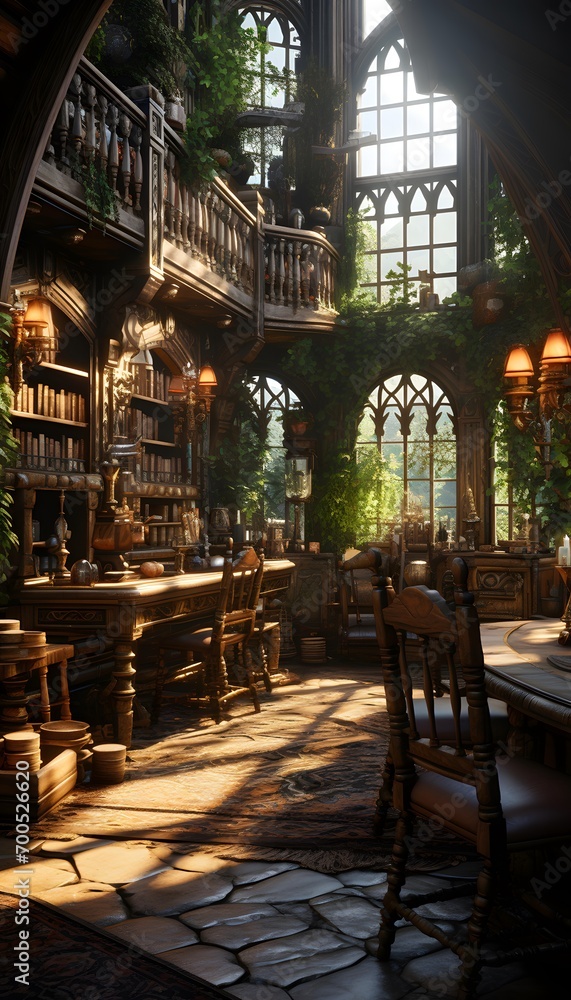 Interior of a restaurant with wooden tables and chairs in a gothic style