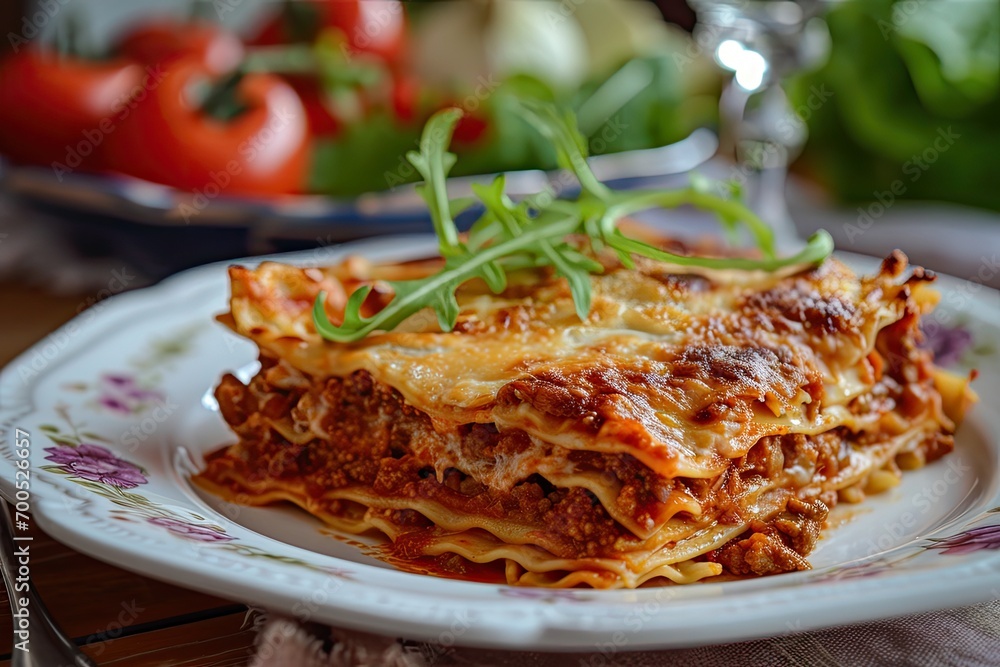 Tasty lasagna with vegetables and tomato sauce on a plate Tasty lasagna with vegetables and tomato sauce on a plate