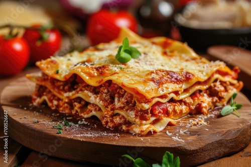 Tasty lasagna with vegetables and tomato sauce on a plate
