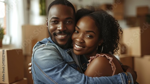 Close-up of happy African American millennial couple smiling and hugging indoors. Husband and wife, new homeowners, tenants excited with house buying, real estate property purchase, renting apartment. photo