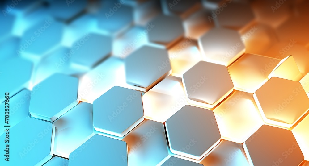 3D rendering of abstract metallic background with hexagons in blue and orange colors