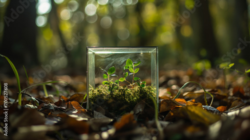 Glass box encircled by verdant forest flora, symbolizing nature, environment, sustainability, ESG, and climate change awareness