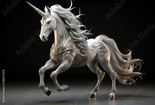 White unicorn on a black background. 3D illustration. Fantasy.