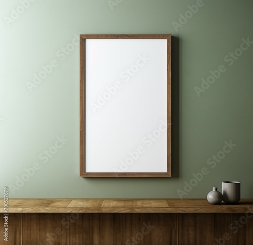 empty room with table, mockup of a picture on the wall, blank poster template