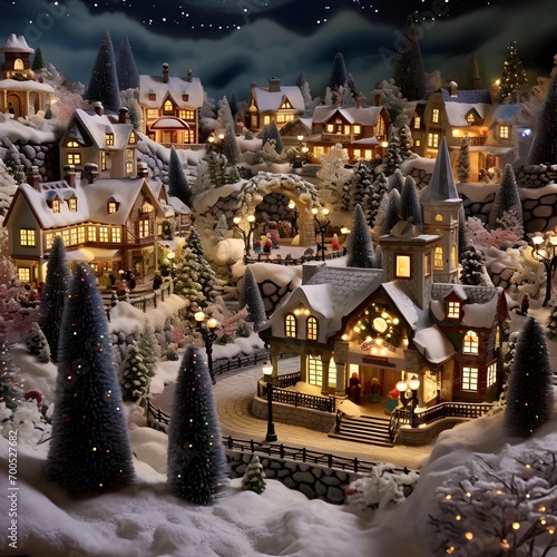 Winter village with houses, trees and snowflakes. Christmas background.