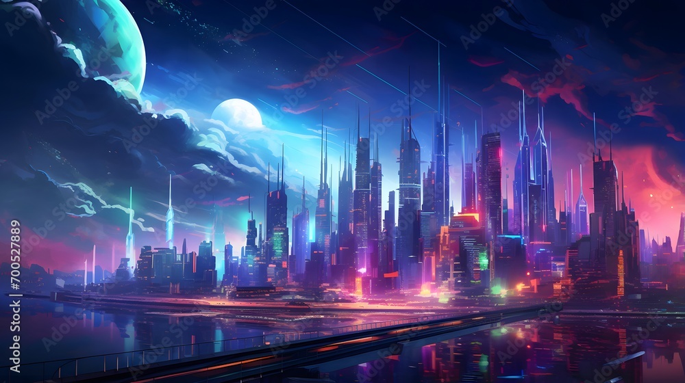 Night city panorama. Futuristic cityscape. Panorama of the night city.