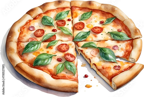 Watercolor painting of a delicious-looking Pizza. 