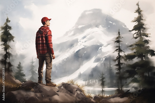 Male tourist traveler in vintage hipster style clothes in forest and mountains