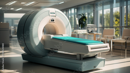 A hospital room with a MRI machine in the middle of it photo