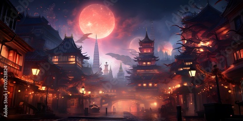 Chinese temple at night with full moon in the sky. Panorama