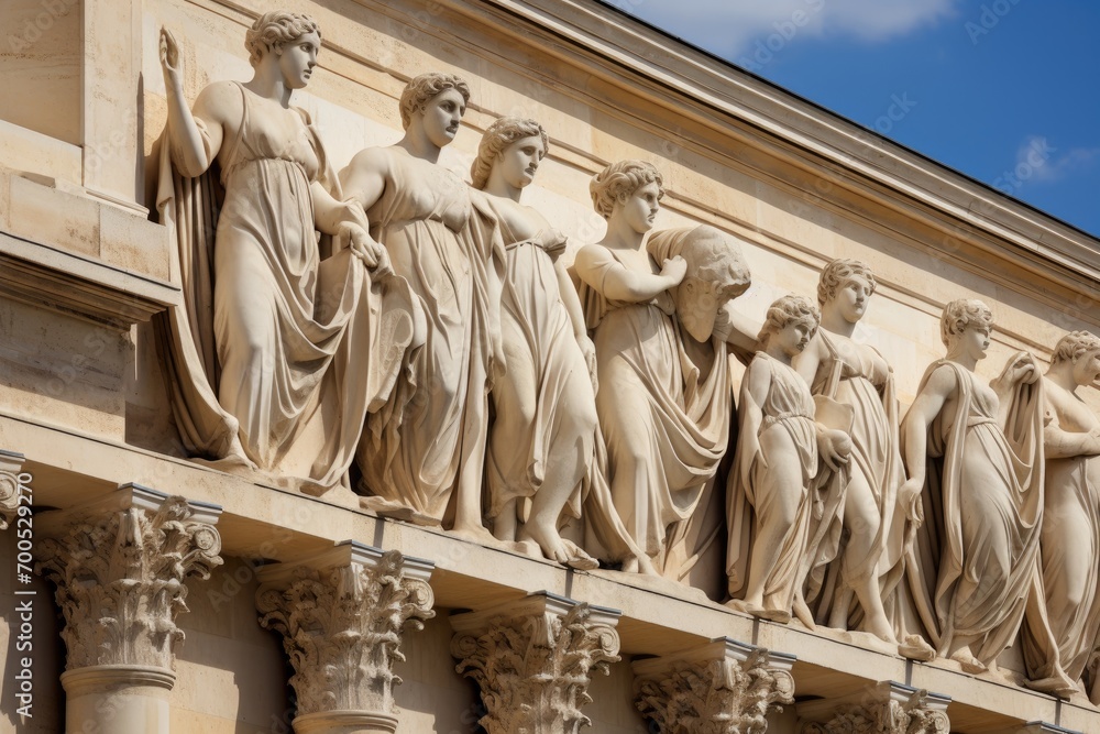 The interior of an Ancient Greek temple adorned with marble columns, statues, and classical artwork.