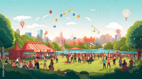 Panoramic view of the park with people and balloons. Vector illustration