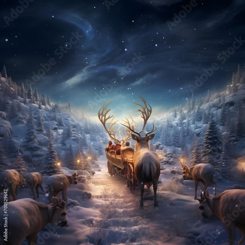 Christmas and New Year background with reindeers. 3D rendering