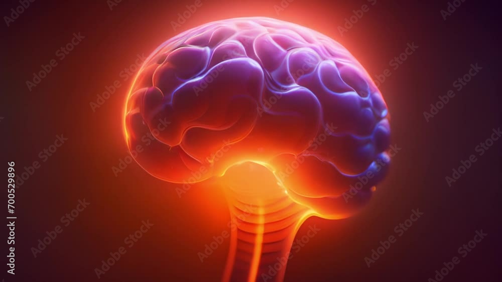 Close-up of a glowing brain in neon colors on dark background Close-up of a glowing brain in neon colors on dark background
