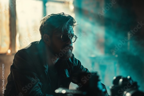 Atmospheric shot of a man with glasses lost in thought, surrounded by the hazy blue light of a moody workshop.