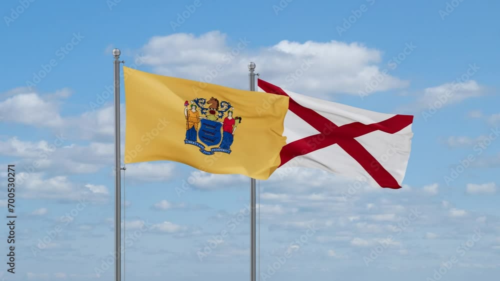 Alabama and New Jersey US state flags waving together on cloudy sky, endless seamless loop Alabama and New Jersey US state flags waving together on cloudy sky, endless seamless loop