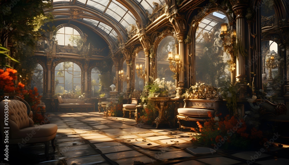 Panorama of a garden with flowers and plants in the sunlight.