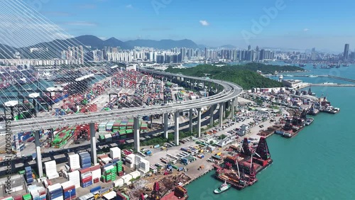 Kwai Tsing Container Terminals near Stonecutters Bridge, the main Far East Asia-Pacific trade shipment logistic port facility along between Kwai Chung and Tsing Yi, Hong Kong, China, Asia, Drone photo