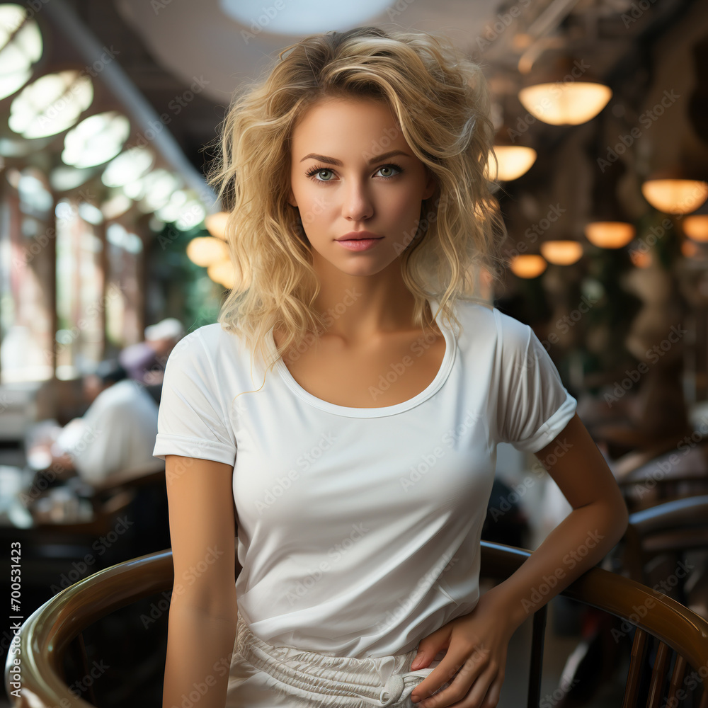 Female model in a comfortable white t-shirt Female model in a comfortable white t-shirt