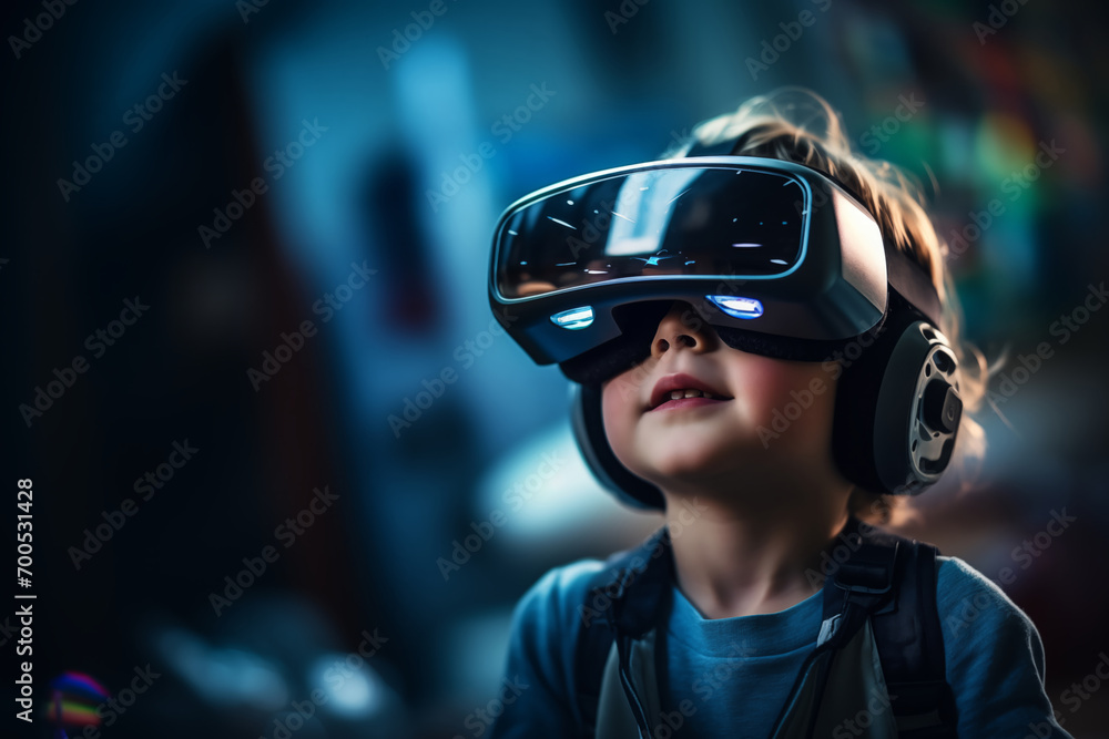 Portrait of little boy in a VR headset. The Alpha Generation. Portrait of little boy in a VR headset. The Alpha Generation.