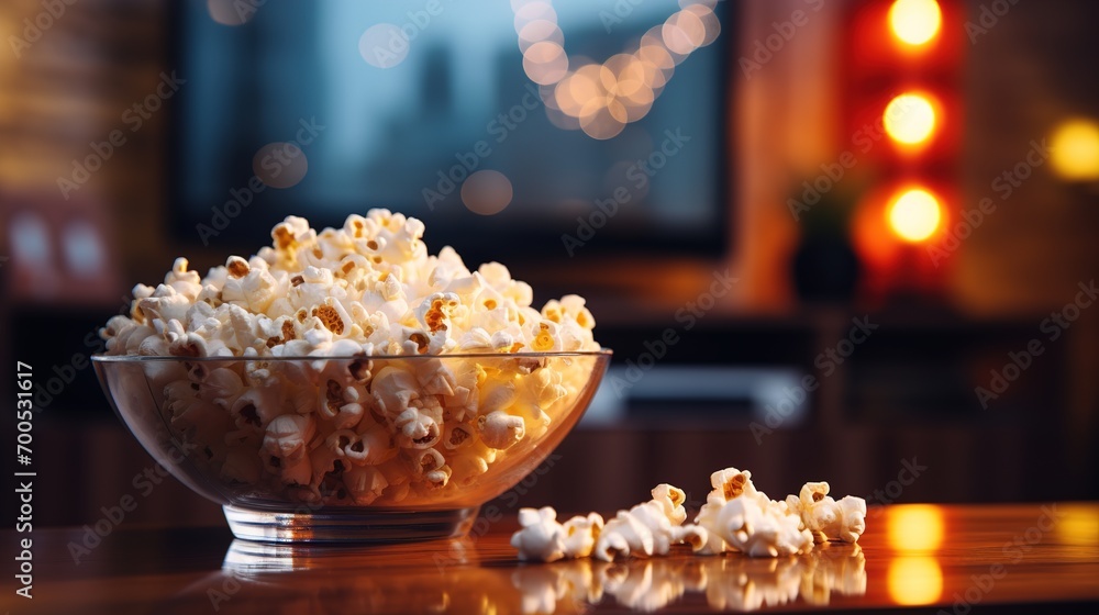 Popcorn in a glass bowl, ready to watch tv,blurred background. Ai generative - obrazy, fototapety, plakaty 