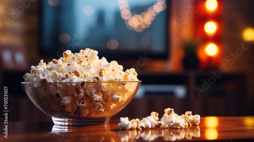 Popcorn in a glass bowl, ready to watch tv,blurred background. Ai generative