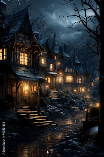 Halloween background with haunted house in dark forest - 3D render