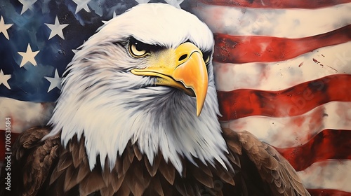 North American Bald Eagle on American flag. Ai generative