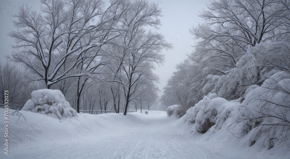 Obraz premium Snowy Road through Winter Landscape Generative AI