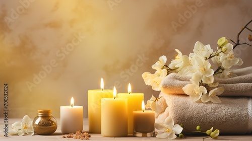 Spa with candle and spa towels  in the style of light yellow and light brown  captivating floral still lifes. Ai generative