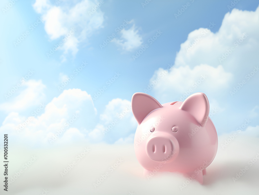 Piggy bank flying free in sky with cloud, concept for business and cloud computing.. Cherish your dreams. Power of money. Pursue business careers. 