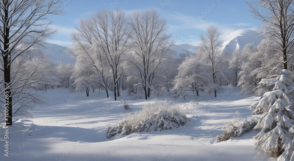 Snowy Clearing with Mountain Backdrop Generative AI Snowy Clearing with Mountain Backdrop Generative AI