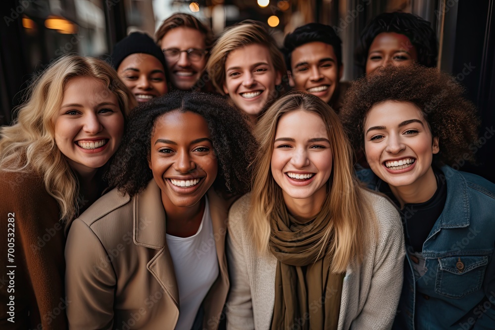 Cheerful multiethnic friends gathering and looking at camera Cheerful multiethnic friends gathering and looking at camera